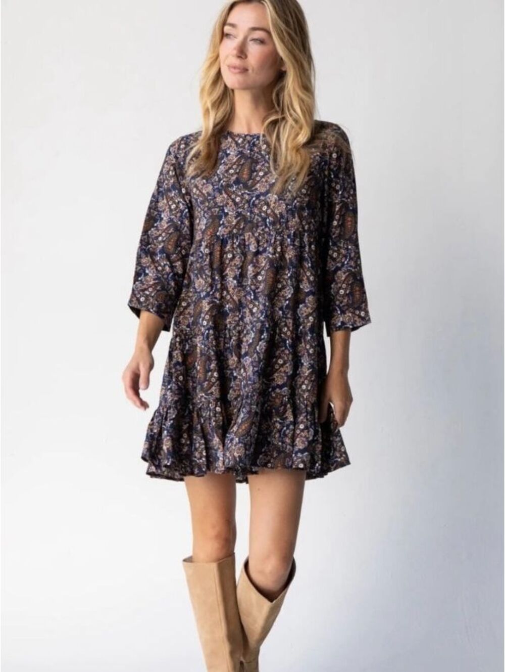 Natural Life Paisley Floral Tiered Mini Dress Women's M Boho Babydoll